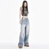 Women's Light Blue High-Waisted Ripped Straight-Leg Jeans - Street Style, Autumn/Winter, Loose Fit, Slimming Effect.