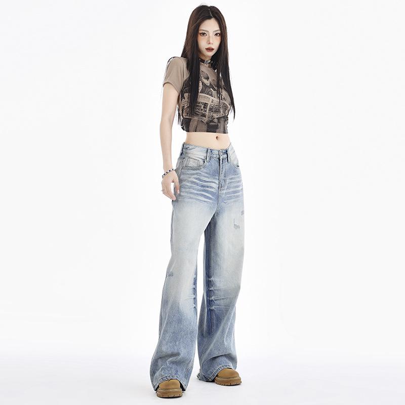 

Women s Light Blue High-Waisted Ripped Straight-Leg Jeans - Street Style, Autumn/Winter, Loose Fit, Slimming Effect. Small