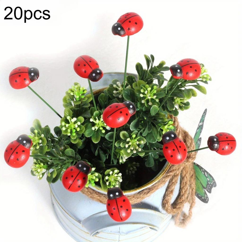 20pcs Decorative Garden Stakes Red Wooden Ladybug Outdoor Yard Decor Festival Outdoor Decoration Room Office Home Decorations