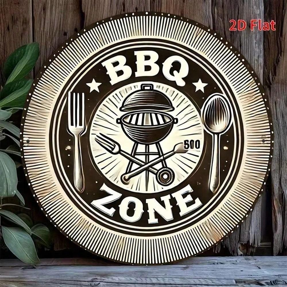 Vintage BBQ Metal Sign Rustic Kitchen Wall Decor Round Aluminum Tin Plate 20x20cm Bar Patio Grill Man Cave Gift