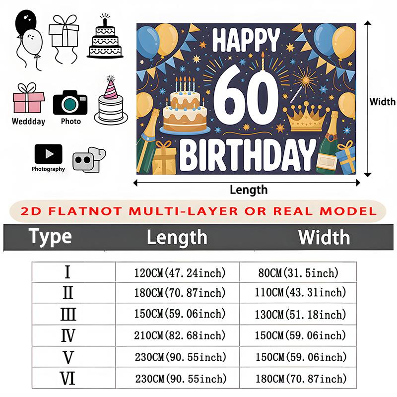 Party Backdrop Happy 60Th Birthday Birthday Fireworks Crown Blue 60th Photo Booth Background Wall Decor