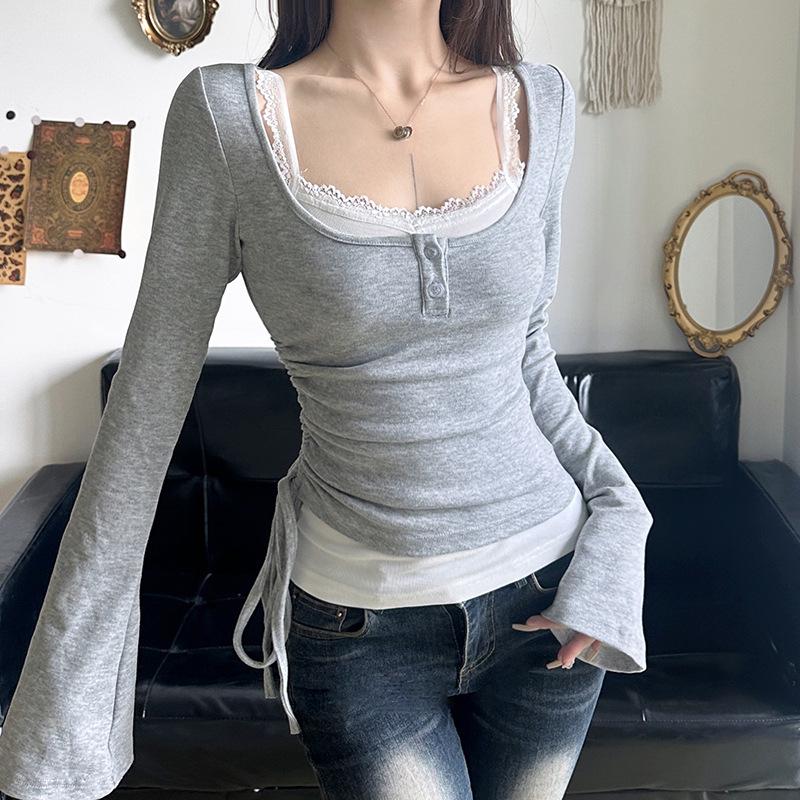 

Sweet Trumpet Sleeve Lace Blouse & Suspenders Two-Piece Set Large сірий колір