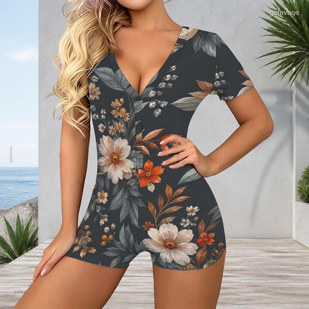 Womens Short Sleeve One Piece V Neck Plus Size Jumpsuit