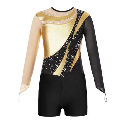 Dívčí gymnastický a krasobruslařský kostým Patchworkový trikot Síťovaný s dlouhým rukávem Klíčová dírka vzadu Body V výstřih vpředu Šortky s pasem