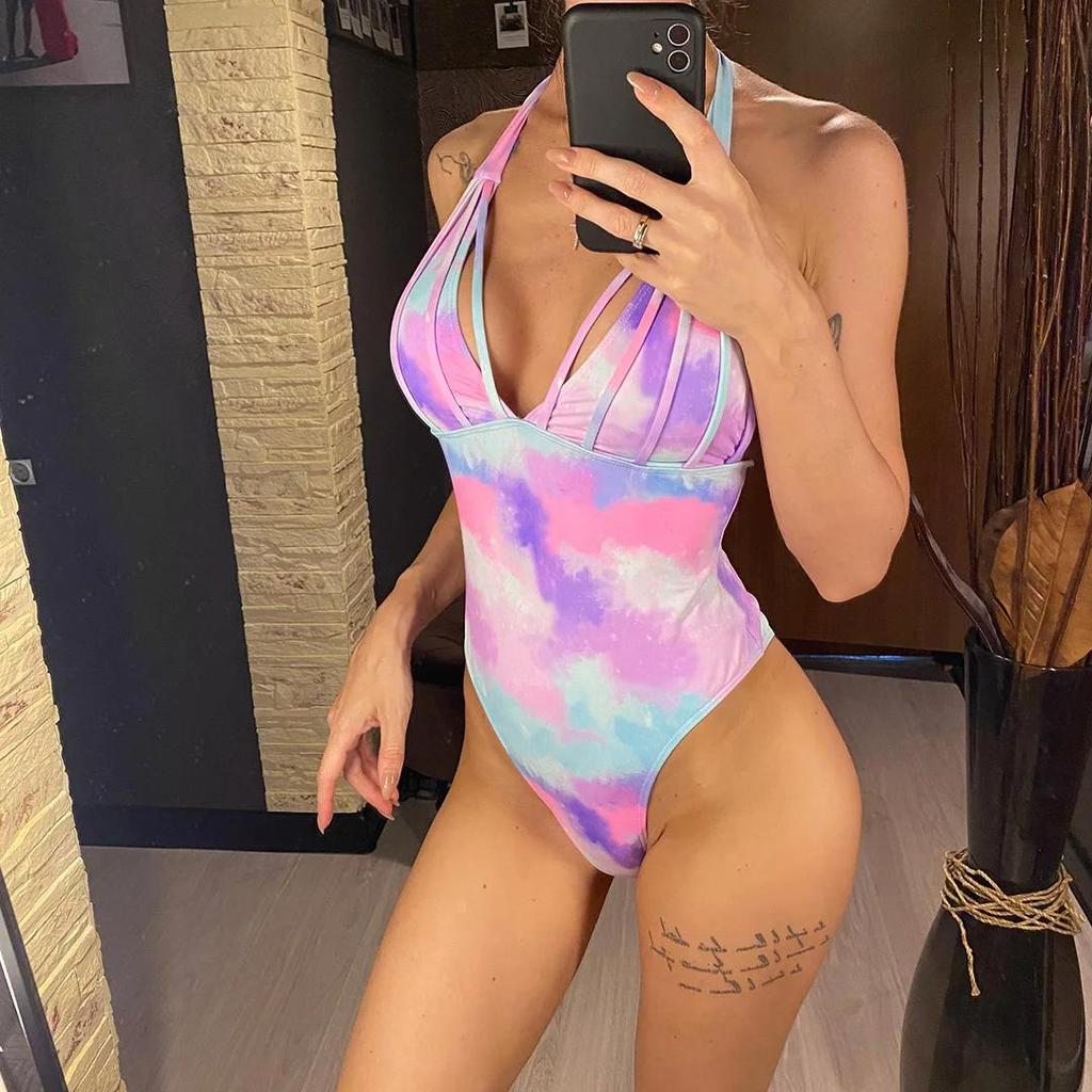 New Sexy Tie Dye V Neck Halter Women Swimwear One Piece Swimsuit Female Monokini High Leg Cut Bather Bathing Suit Swim