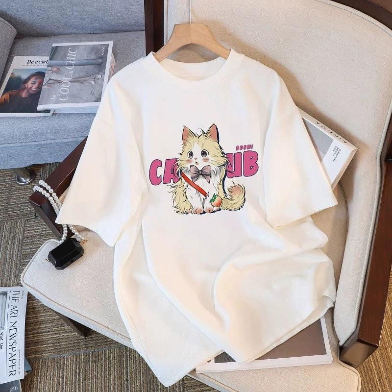 Tricou cu mânecă scurtă din bumbac pur, alb, pentru femei, de vară, nou, de dimensiuni mari, design lejer, imprimat, subțire, cu mânecă jumătate