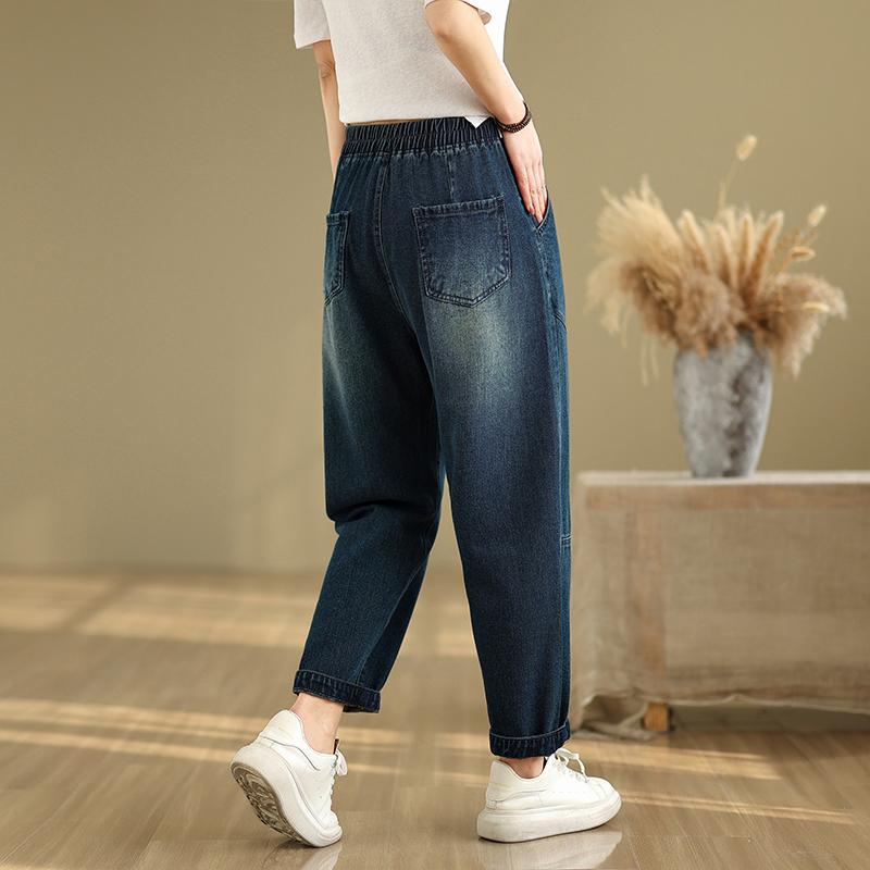 DIMANAF 2025 Sommer Übergröße Jeans Damen Elastische Basic Hose Denim Locker Haremshose Lässige Patchwork Lange Hose