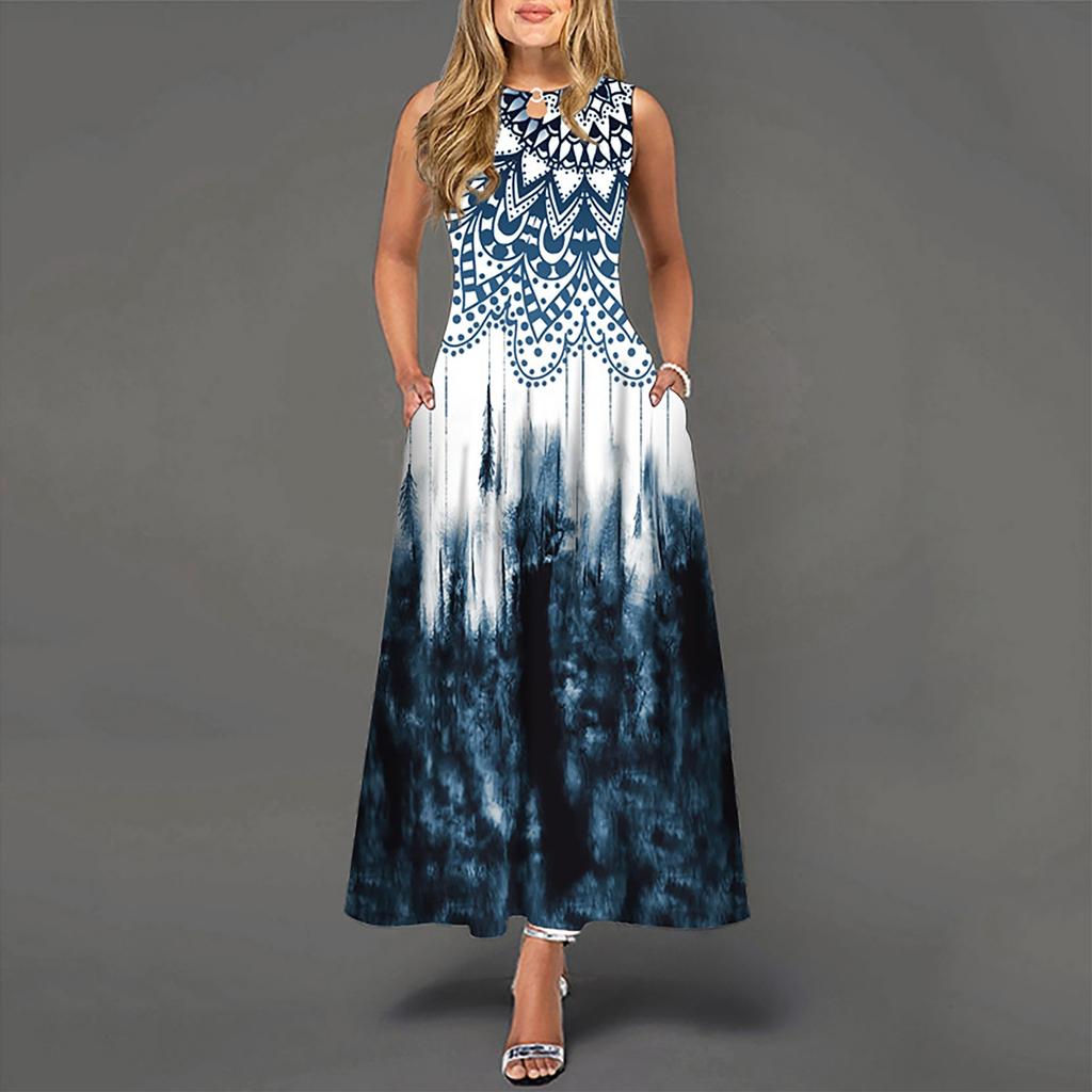 Women Sleeveless Casual Maxi Dress Round Neck Printed Loose Fit Long Dress with Flared Hem and Side Pockets for Daily Wear