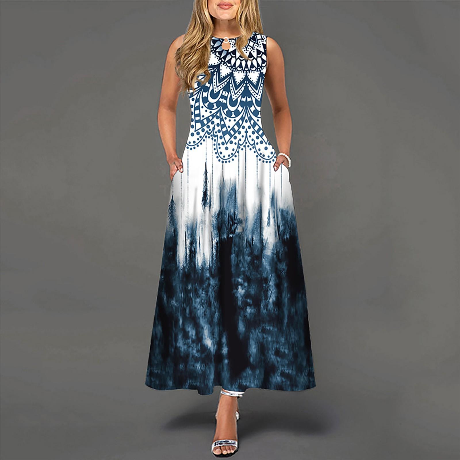 

Женское повседневное длинное платье без рукавов с большим подолом и круглым вырезом с принтом XL тёмно-синий