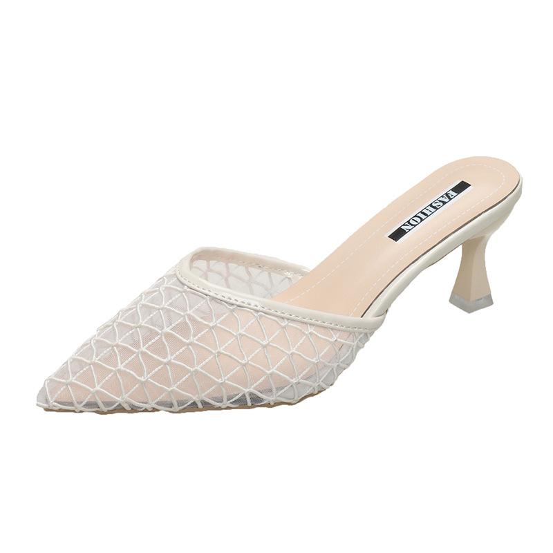 2025 spring and summer new bag head through the net sandals fairy style pointed high heels wear thin heels cool slippers