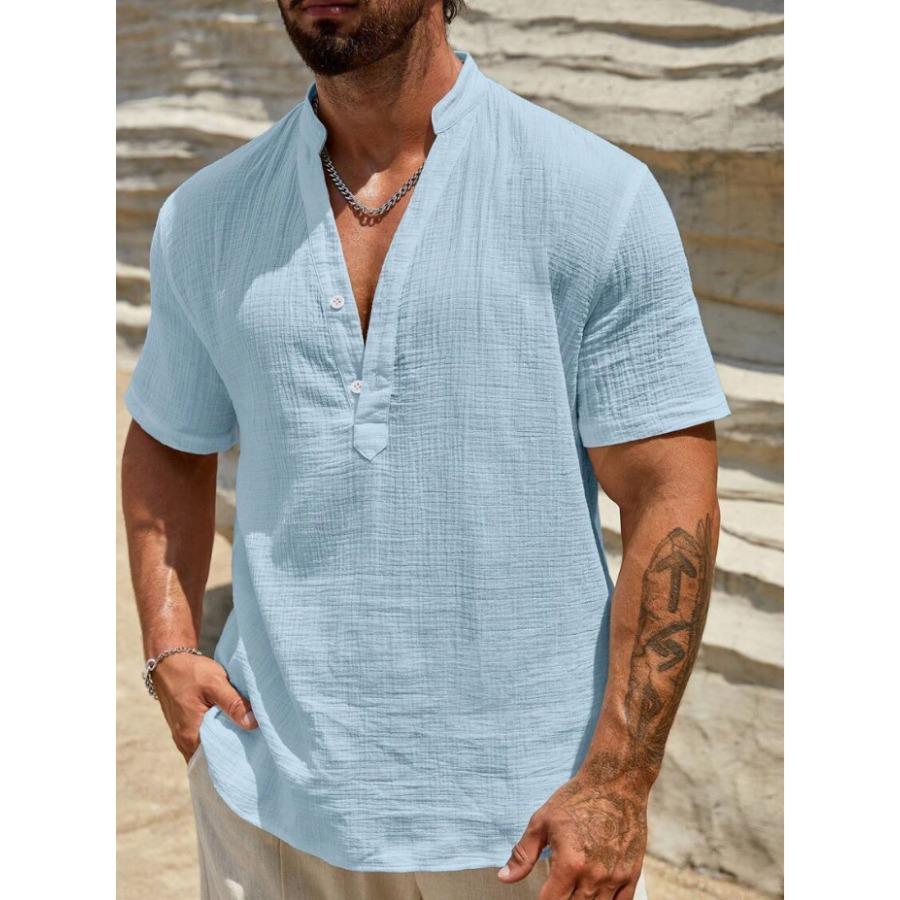 

Мужская рубашка с воротником-стойкой для отдыха, повседневная однотонная футболка с v-образным вырезом, летние мужские рубашки с короткими рукавами, белая, голубая L светло-синий