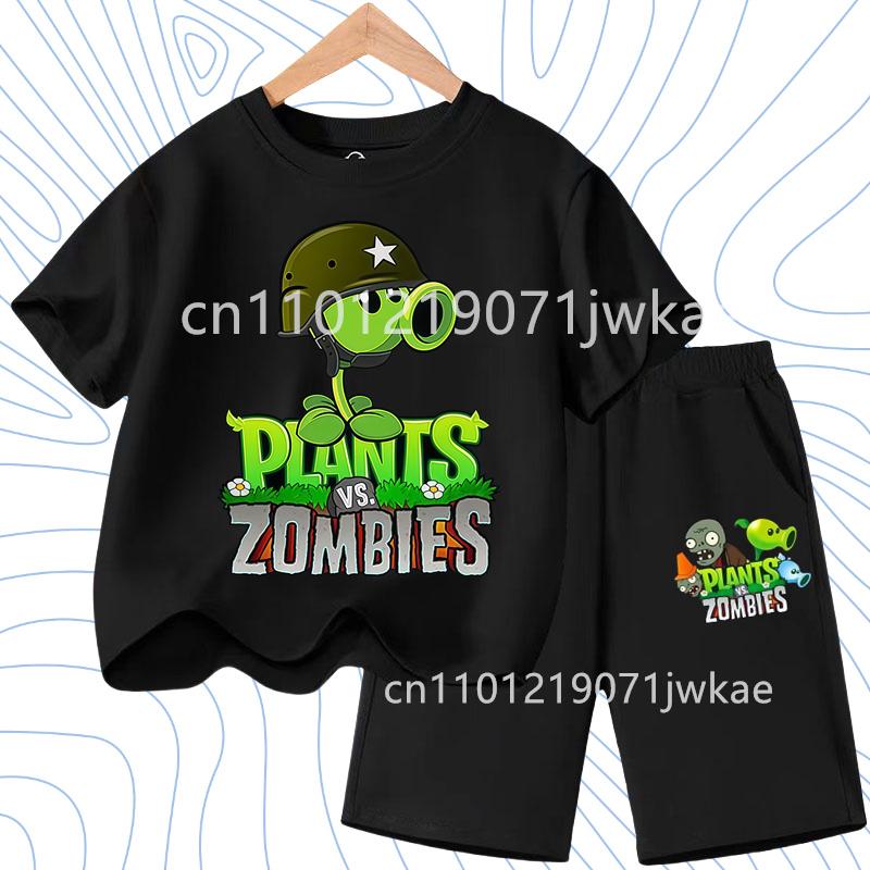 Children's Plants Vs. Zombies Short-Sleeved T-Shirt Set Cotton Summer Fashion Comfortable Top+pants for Boys and Girls