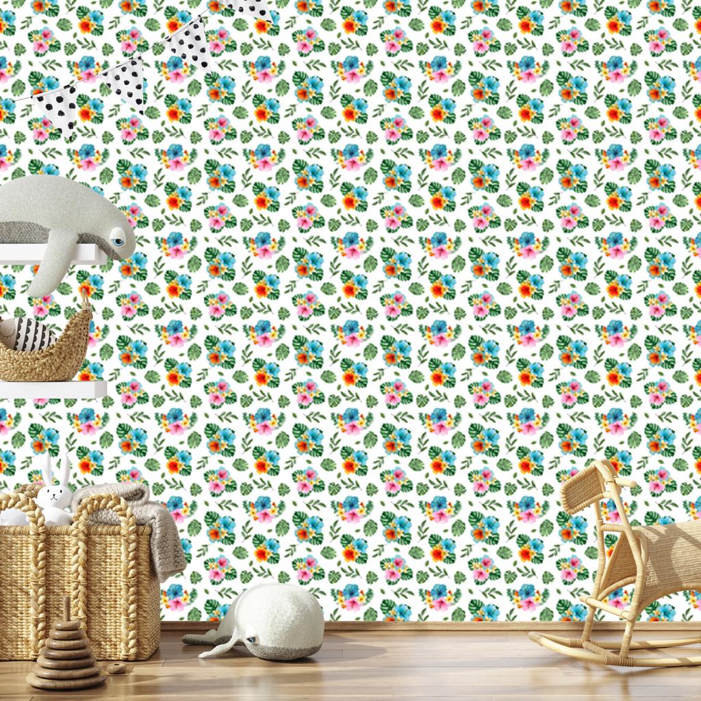 Wallpaper Flowers White and Green for Living Room and Bedroom 50x1000