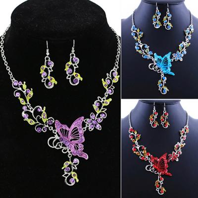 Lady Bridal Vinatge Butterfly Flower Bib Komunikat Naszyjnik Kolczyki Zestaw biżuterii