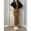 Long-sleeved U-neck Horn-sleeved Knitted Dress for Women's Autumn Slim-fitting and Thin Temperament Hip-wrapped Skirt with a Long Dress Inside