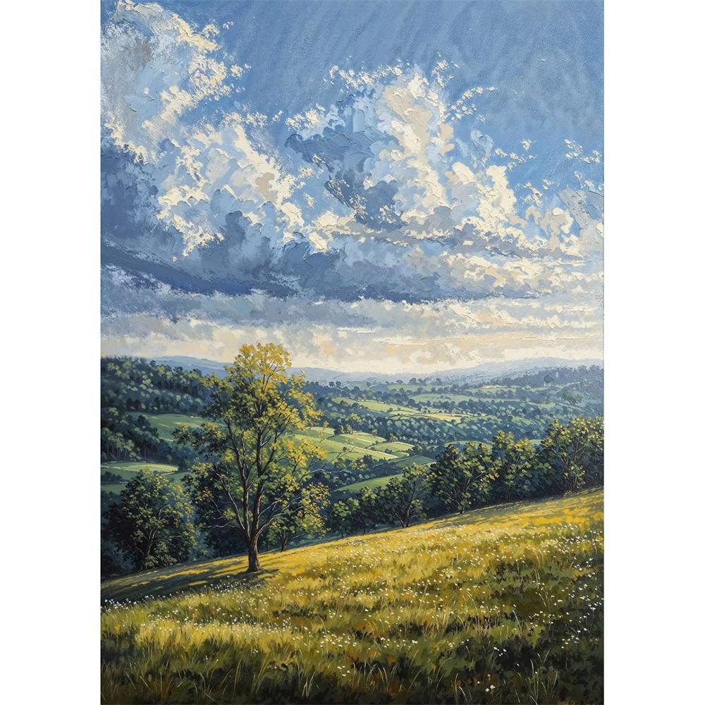 Cabana na Montanha Vista do Vale Caminho de Outono Prado de Verão Floresta de Árvores Nuvem Pôster Pintura em Tela Impressão para Sala de Estar Decoração de Casa