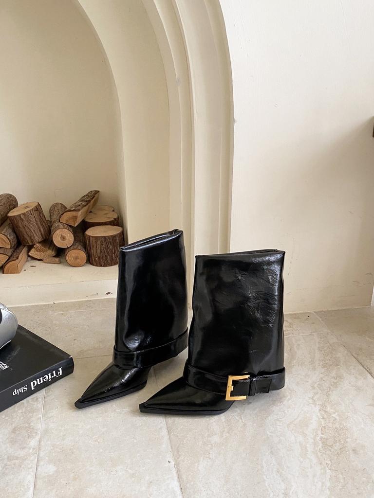 2025 Autumn and Winter New European and American Style Belt Buckle Wide Tube Pointed Thin High Heel Short Boots Trouser Leg Boots