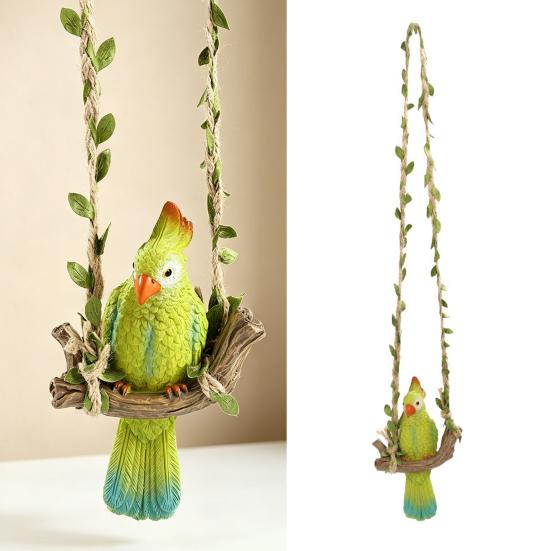 Parrot with Swing Ornaments Decoration Hemp Rope Waterproof Resin Hanging Simulated Green Leaf