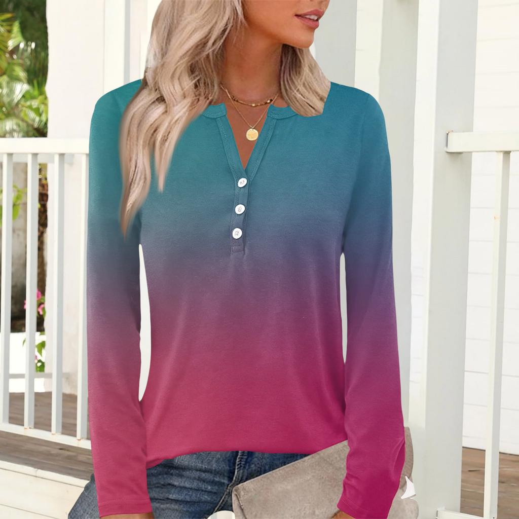 Women's Casual And Fashionable T-shirt With Gradient Print, Round Neck And Long Sleeves.