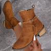 New Large Size British Chelsea Boots, Belt Buckle Tip Round Head Medium Heel Short Boots