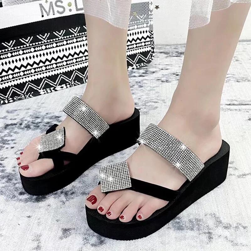 Fashion 2025 Luxury Design Bling Flip Flops for Woman Thick Bottom Clip-Toe Wedges Slippers Women Summer Outdoor Slip-On Slides Mujer