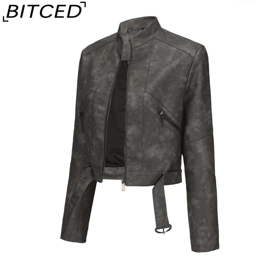 BITCED Women's Biker-Style Leather Jacket with Belt, Long Sleeves and Zip Fastening Spring/Autumn Leather Jacket