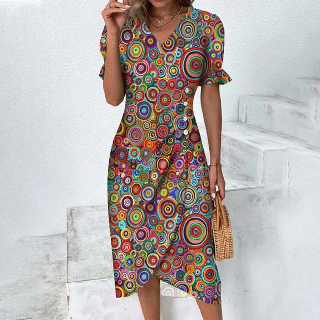 Women's Summer Casual Dress V Neck A-line Boho Ditsy Floral Flounce Sleeve Wrap Hem Dress