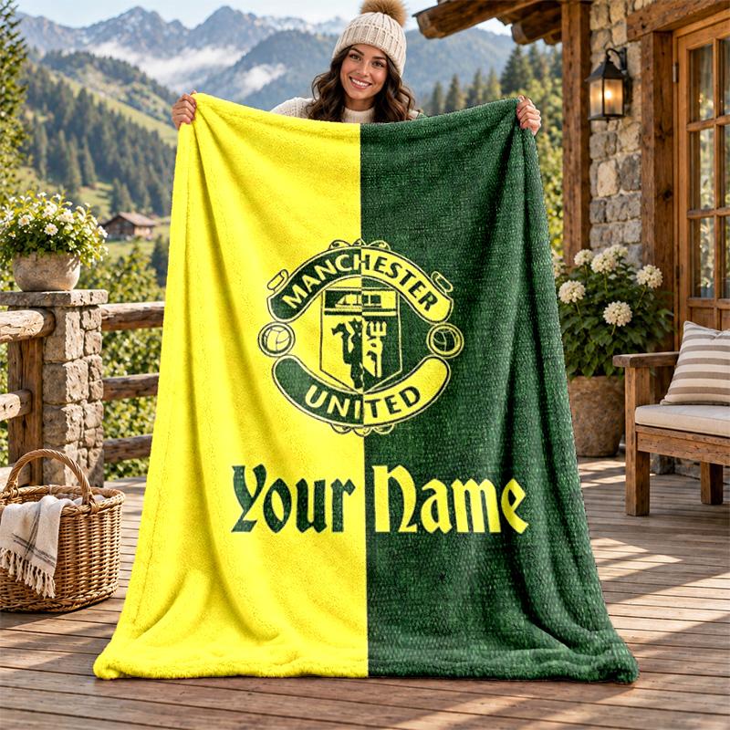 FC Manchester Custom Name Flannel Blanket Personalized Soft Warm Plush Throw Blanket Customized Gift for Family Friends