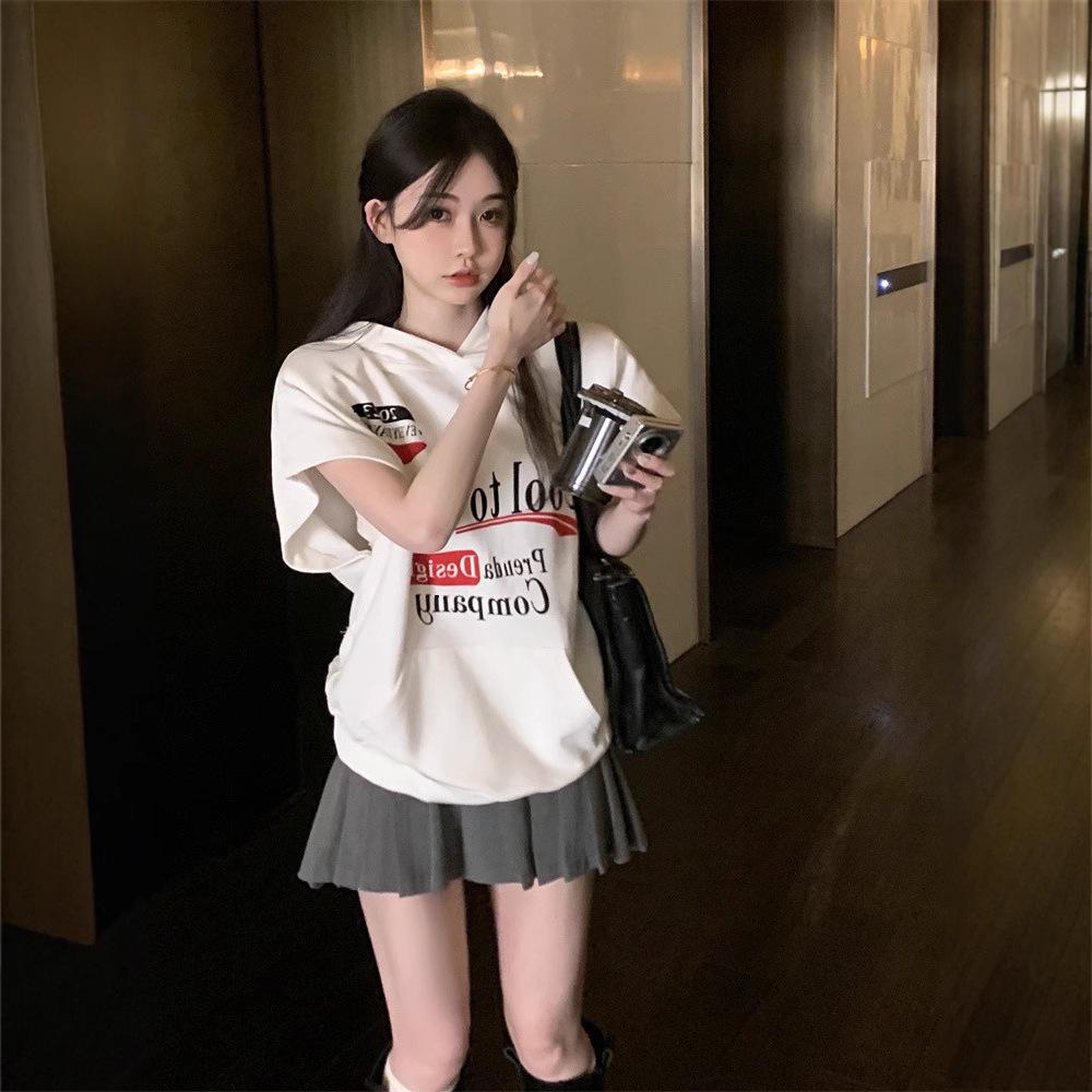 

Versatile Petite Age-Defying Korean Trendy Hooded Letter T-Shirt L (100-120 jins) белый