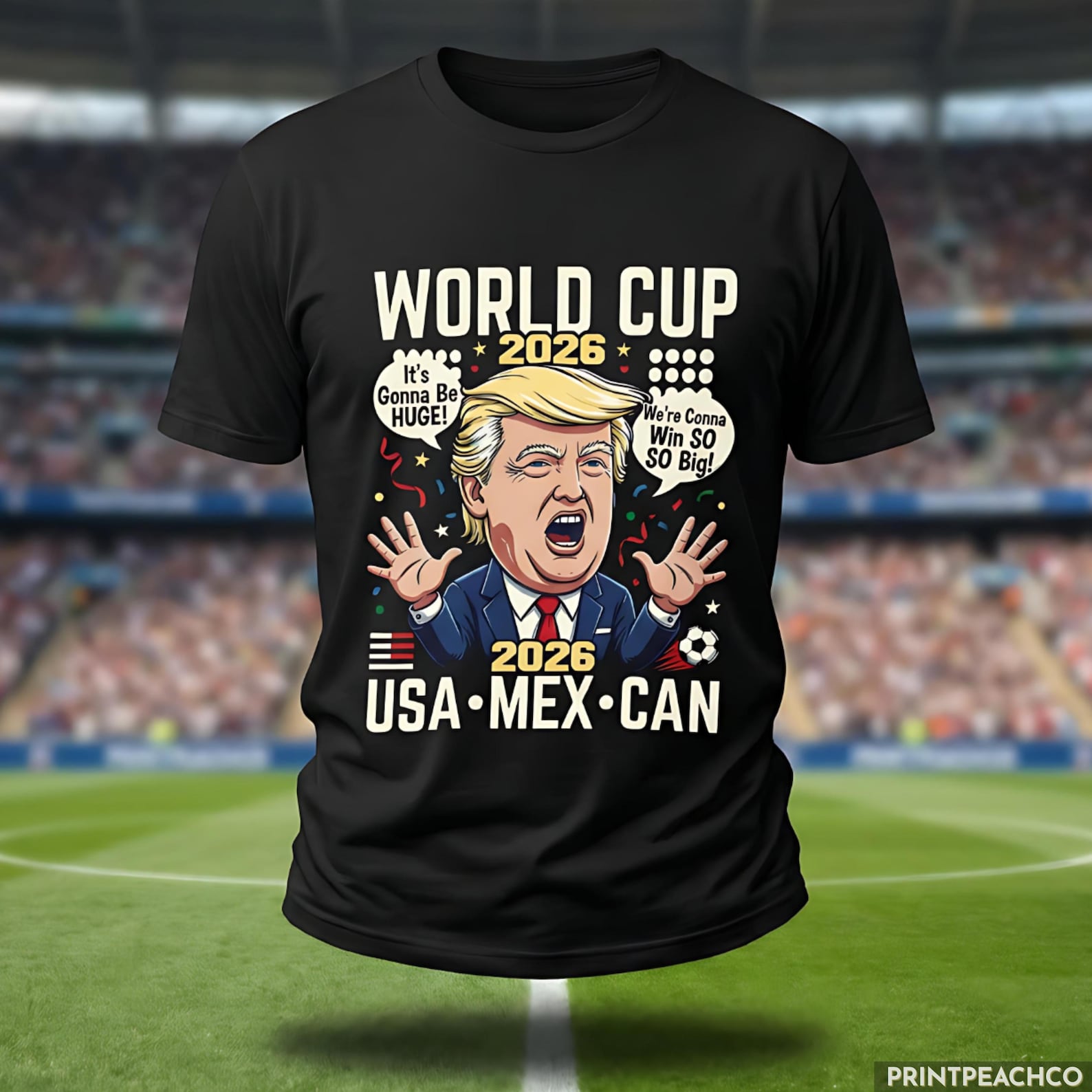 World Cup 2026 Trump Caricature Funny Soccer Shirt, USA MEX CAN Football Tee, Footy Humor Top Gift, Men Women Unisex Match Day T-Shirt 4XL