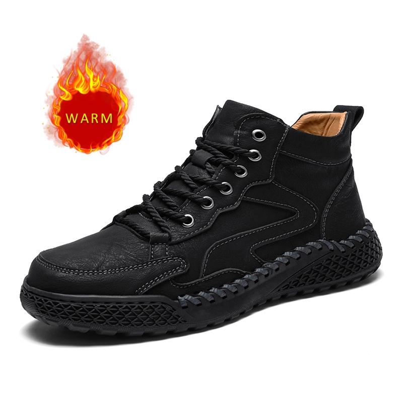 Italian Brand Trendy Men's High Top Shoes Wear-resistant Workwear Shoes Winter Velvet Thick Soled Men's Ankle Boot Straps