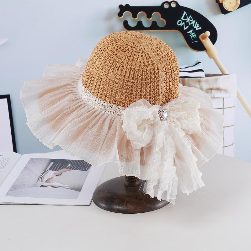 Summer Girls Straw Visor Big Brim Mesh Bow Princess Wind Sun Hat Outdoor Outing