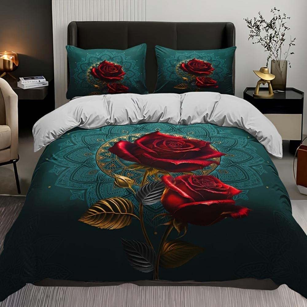 

3pcs Bedding Set Red Rose Bohemia Flora Print Cozy Duvet Cover Set King Queen Twin Single Size Birthday Gift Adult Bedroom Decor EU Single 135x200cm