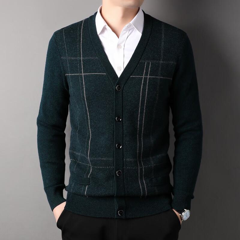 Fengxun Men's 100% Wool V-Neck Cardigan Sweater