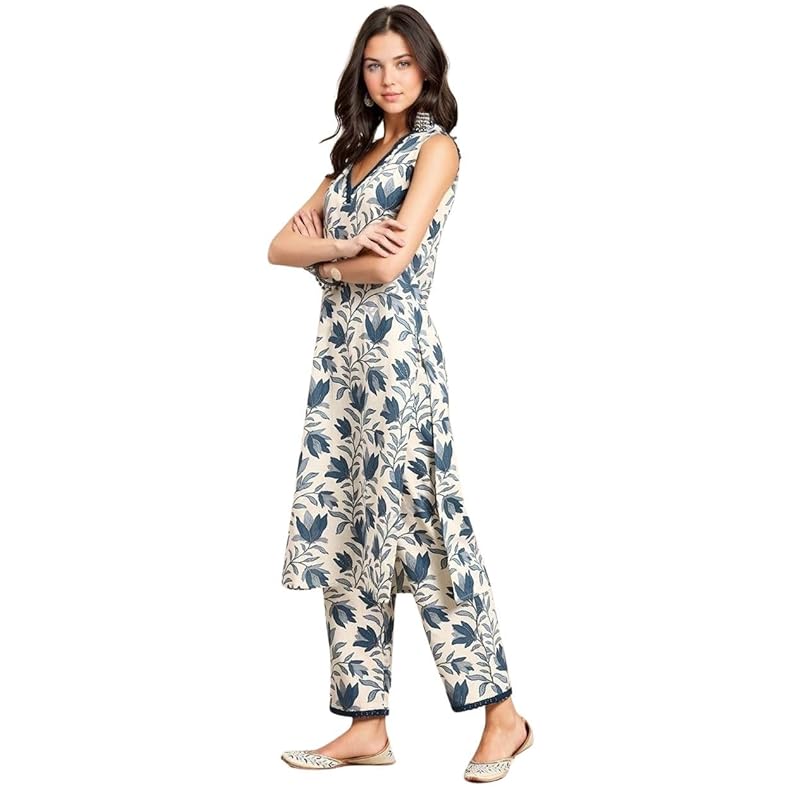 rytras Women s Cotton Printed Straight Kurta and Pant Set(Beige,M) M