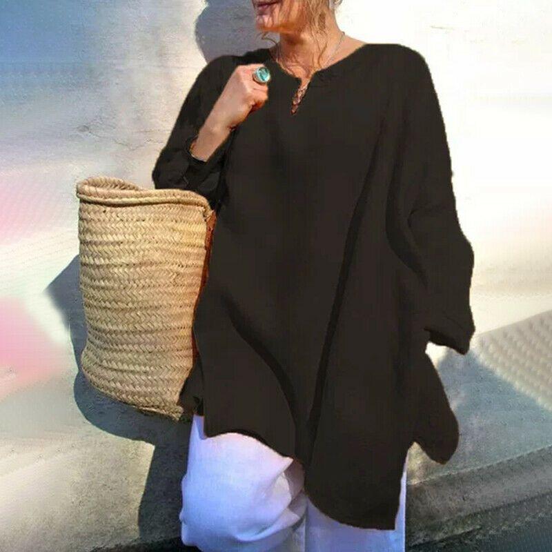 Plus Size Womens Casual Baggy Long Sleeve T-shirt Breathable Summer Beach Tunic Blouse Tops For Everyday Wear