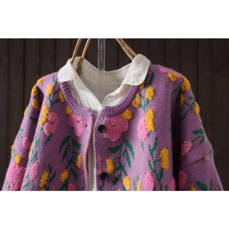 Dimanaf 2025 Květinové svetry Kardigan Podzim Ženy Potisk O-výstřih Svetry Pletení Volný Černý svetr