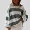Vintage Striped Color Block Loose Crew Neck Knit Pullover Sweater For Women