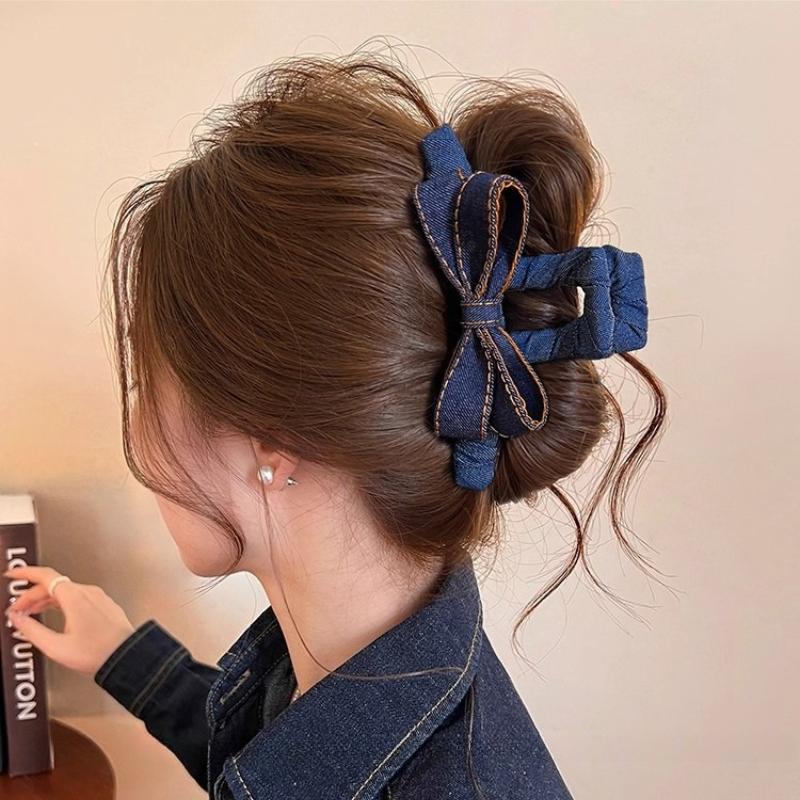 Leopard Print Bow Hair Claw Women Large Claw Clip Satin Solid Color HairClip Denim HairAccessories