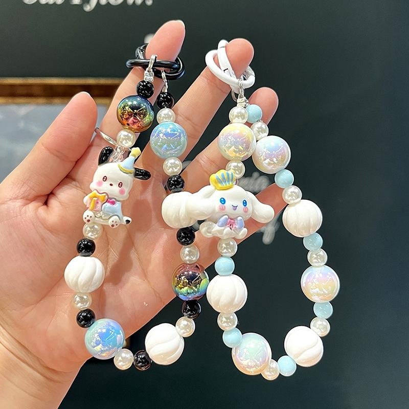 Sanrio Kuromi Beads Phone Chain Cinnamoroll Melody Keychain Sweet Girl Wrist Strap Bracelet Earphone Case Charm Bag Decor