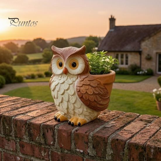 Hand Painted Owl Statue Cute Cartoon Planter, Resin Small Planter Pot, Decorative Micro Landscape Plant Pot for Succulents, Indoor Garden Balcony
