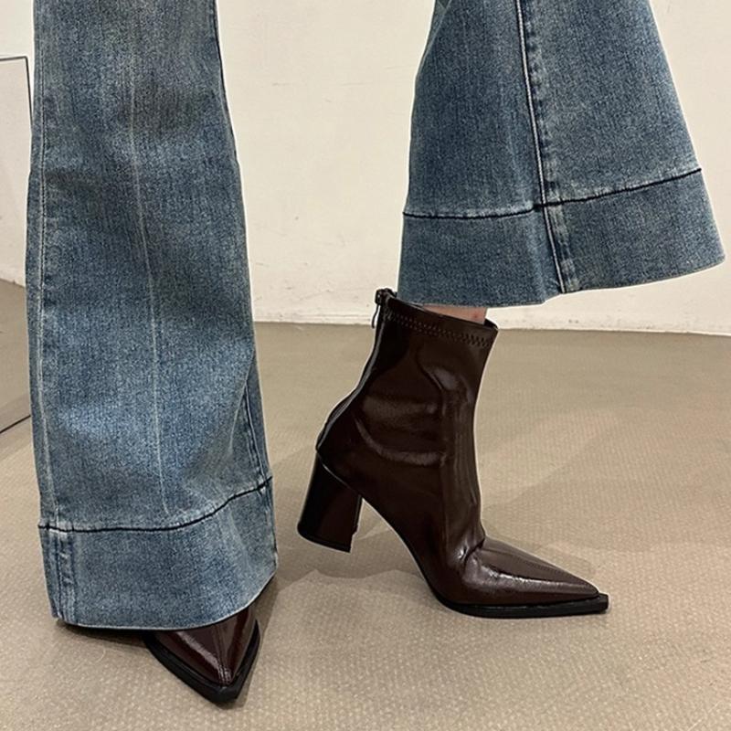 Fashion Street Style Pointed Toe Elastic Slim Women Ankle Boots Design Thick Heel Short Booties Autumn Winter Ladies Shoes