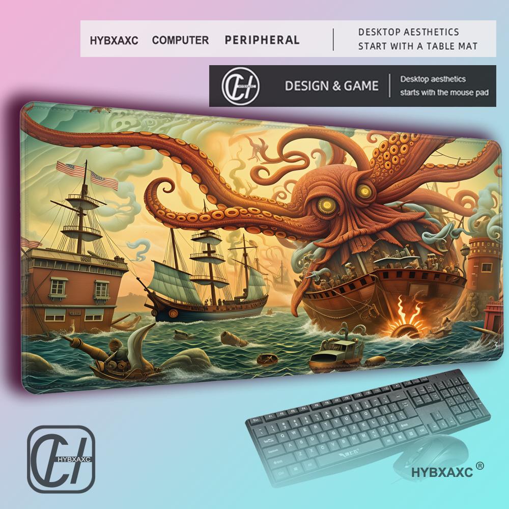 HYBXAXC Vintage Deep Sea Monster Extended Desk Mat Ocean Sea Monster Pattern Gaming MousePad Thick Lockedge Keyboard Mat