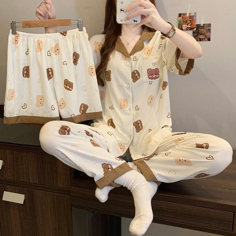 Bear Cartoon Cloud Cotton High Value Summer Women'S Loungewear Pajamas Short Sleeves Three-Piece Set
