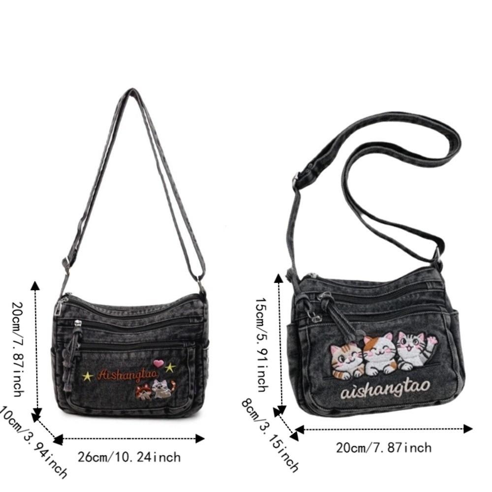 Washed Denim Crossbody Bag Adjustable Strap Messenger Bag Cat Embroidery Shoulder Bag Ladies