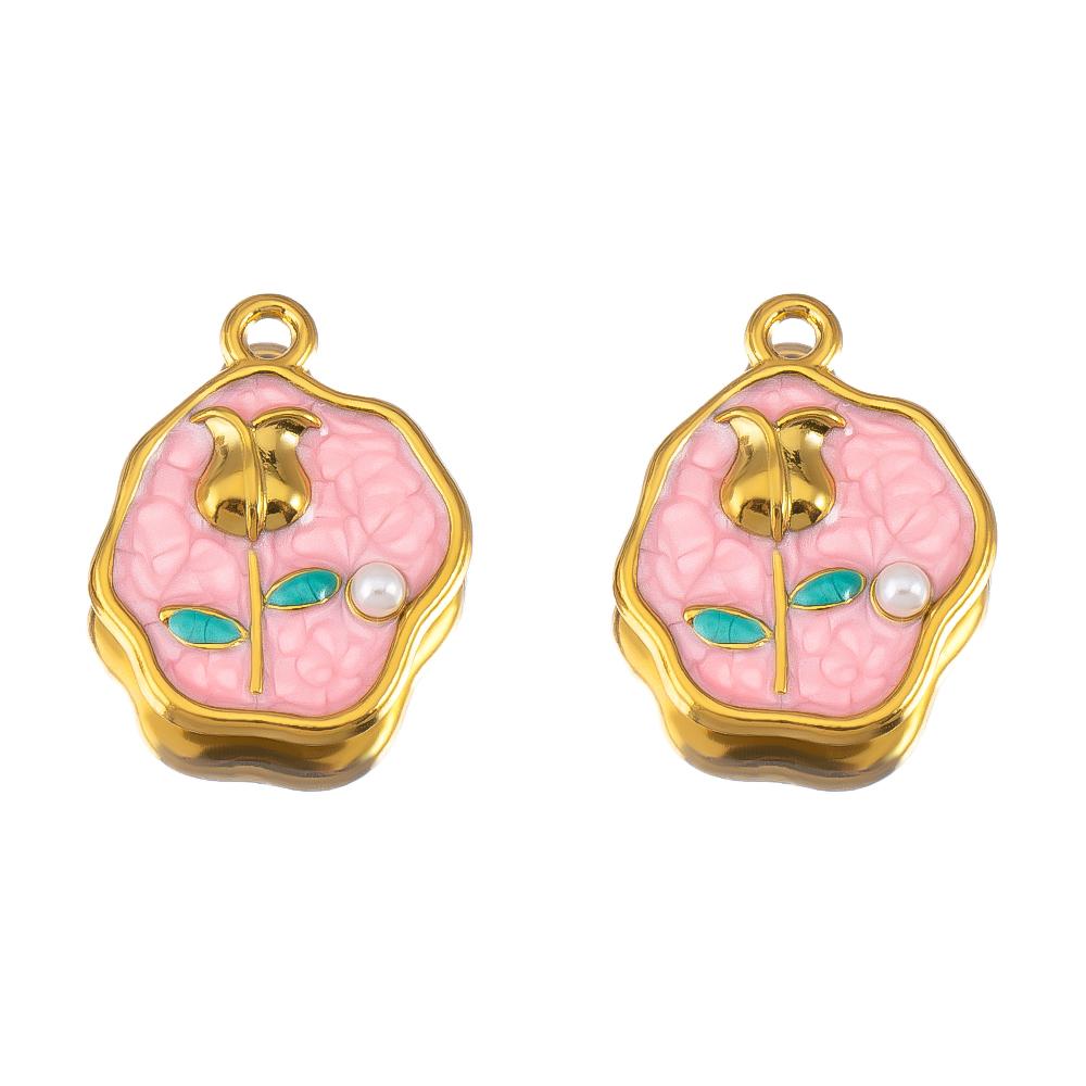 2pcs Stainless Steel Charms Retro Pink Enamel Rose Flower Heart Necklace Charm for DIY Earring Jewelry Making Pendant Supplies