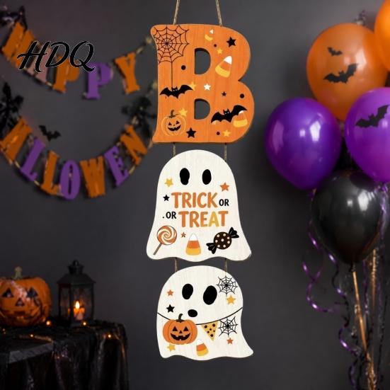 Layered Hanging Seasonal Ornament Halloween Wooden BOO Sign Creative Letter Pendants Vintage Ghost Pumpkin Black Cat
