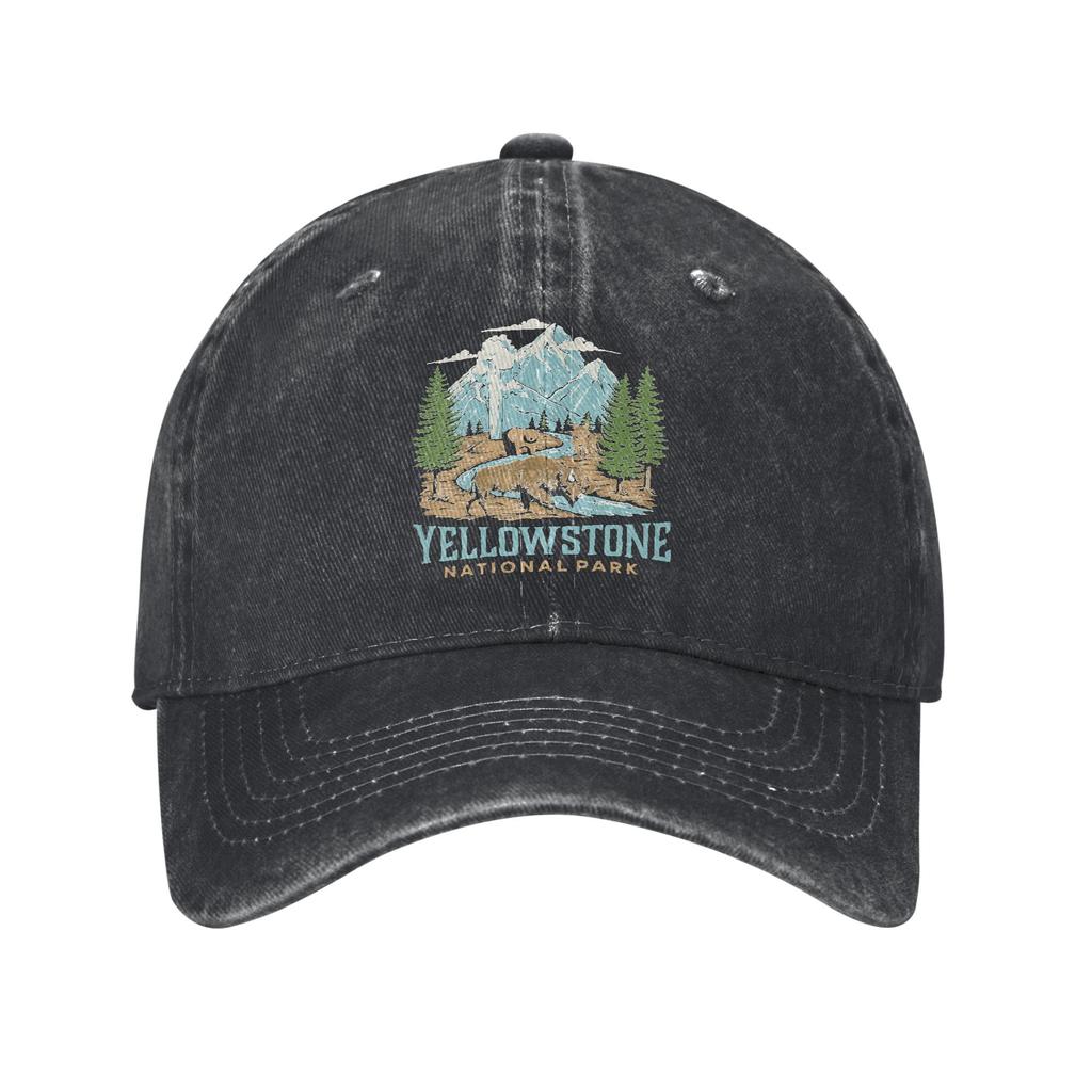 Vintage Yellowstone US National Park Wolf Bison Bear Vintage Baseball Caps Distressed Washed Caps Hat