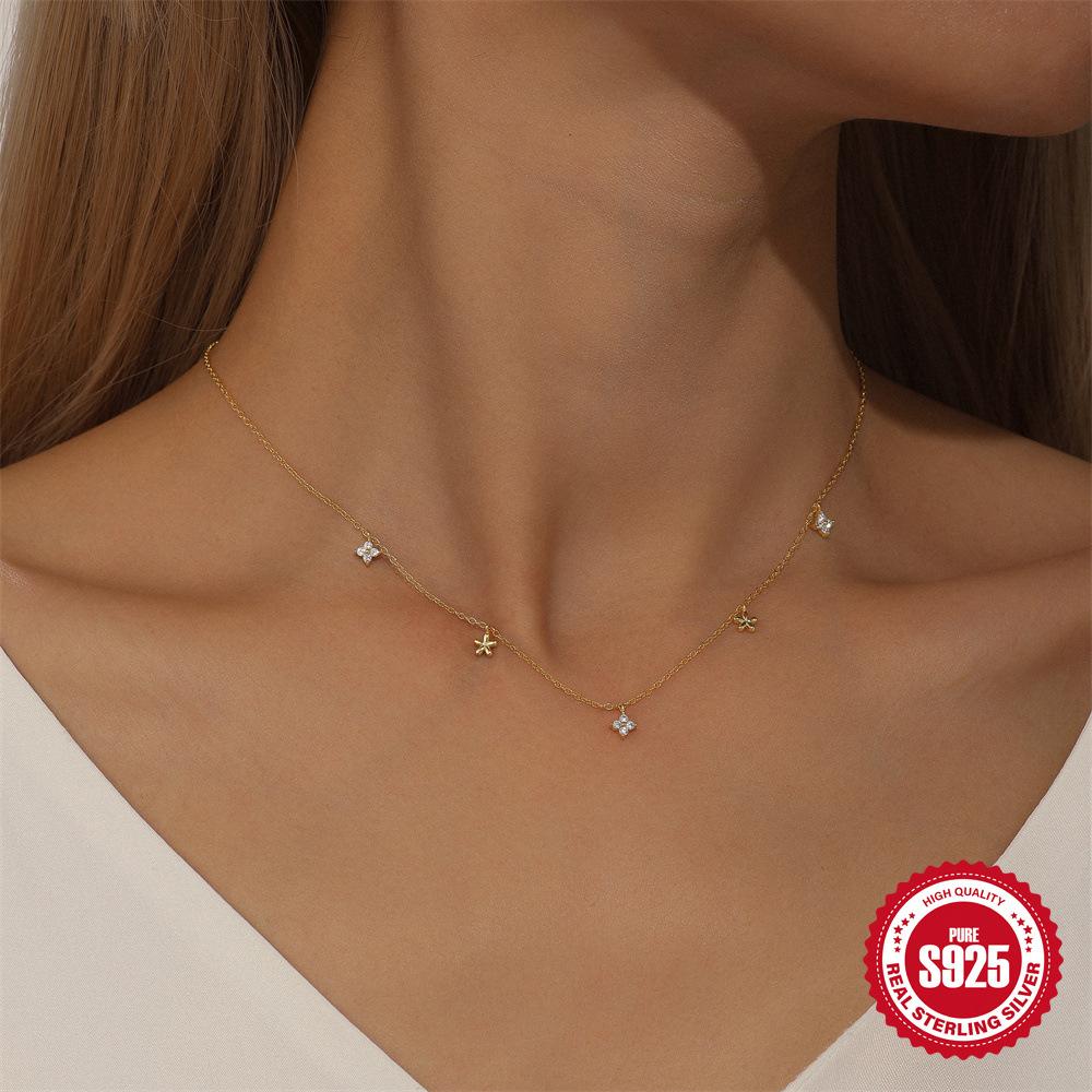 Fashion S925 Sterling Silver Flower Four-Petal Flower With Diamonds Stacked Women'S Clavicle Necklace