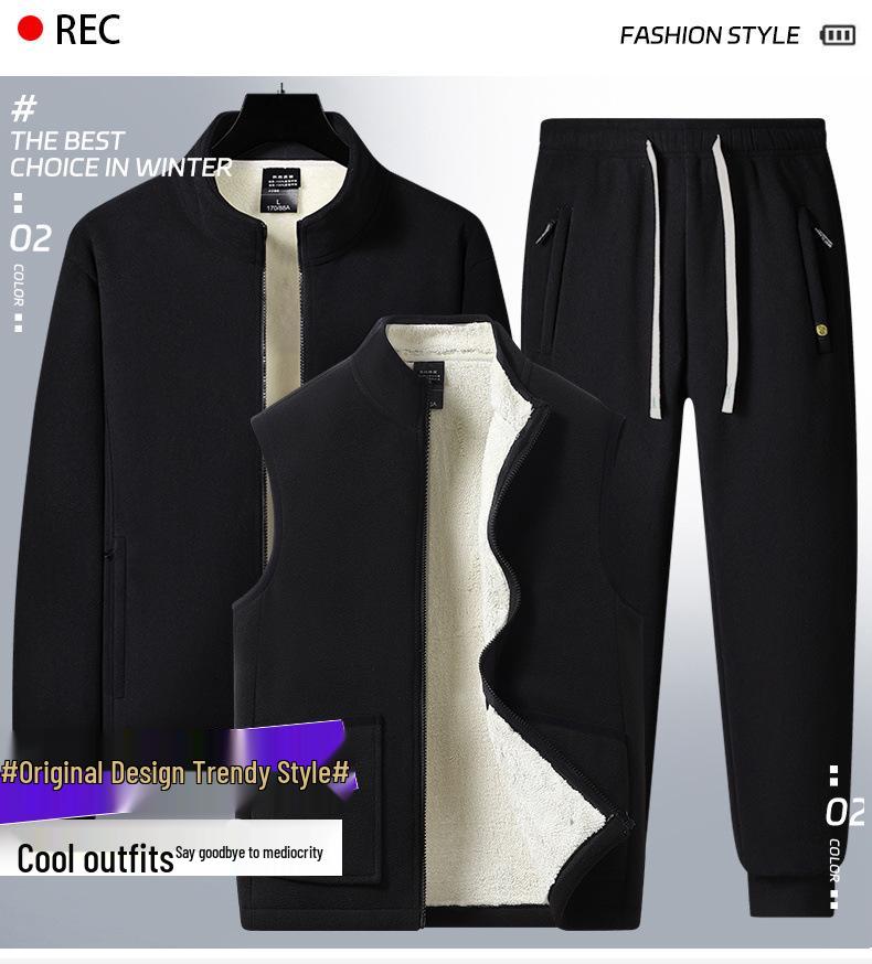 Men's Warm Winter Two-Piece Set: Stand-Collar Lambswool Fleece Jacket and Casual Pants.